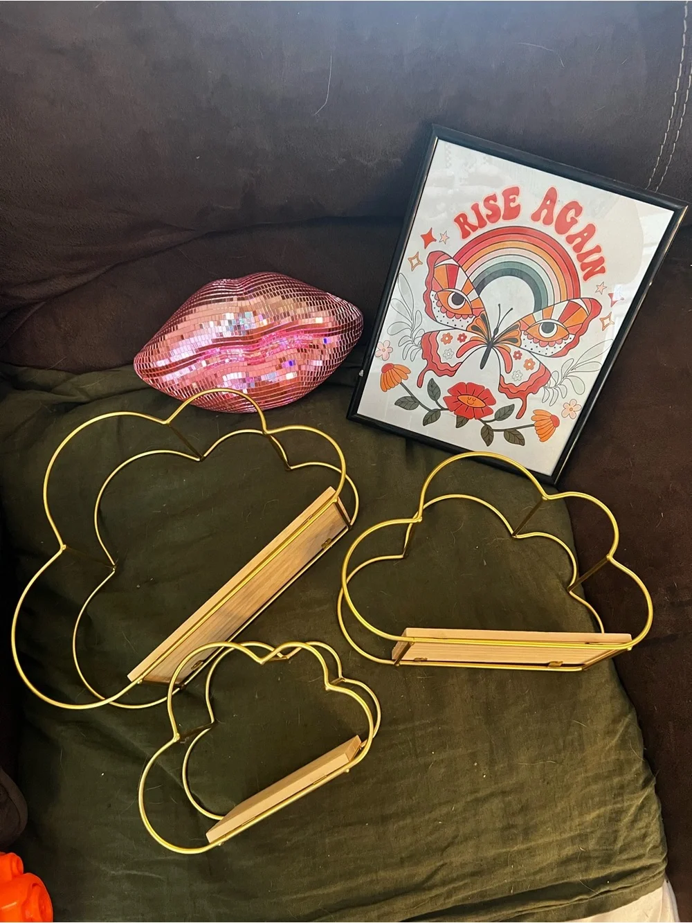 Gold Cloud Wall Shelves + butterfly art + disco lips